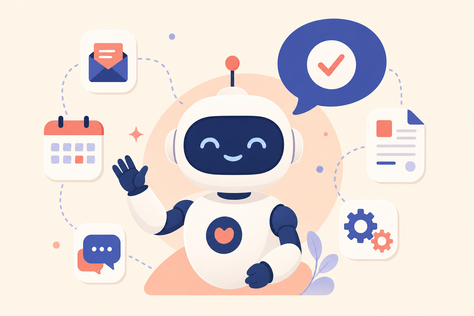 Friendly AI assistant illustration with workflow icons